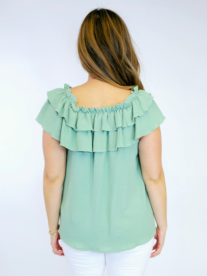 DOUBLE RUFFLE NECK BLOUSE - SAGE