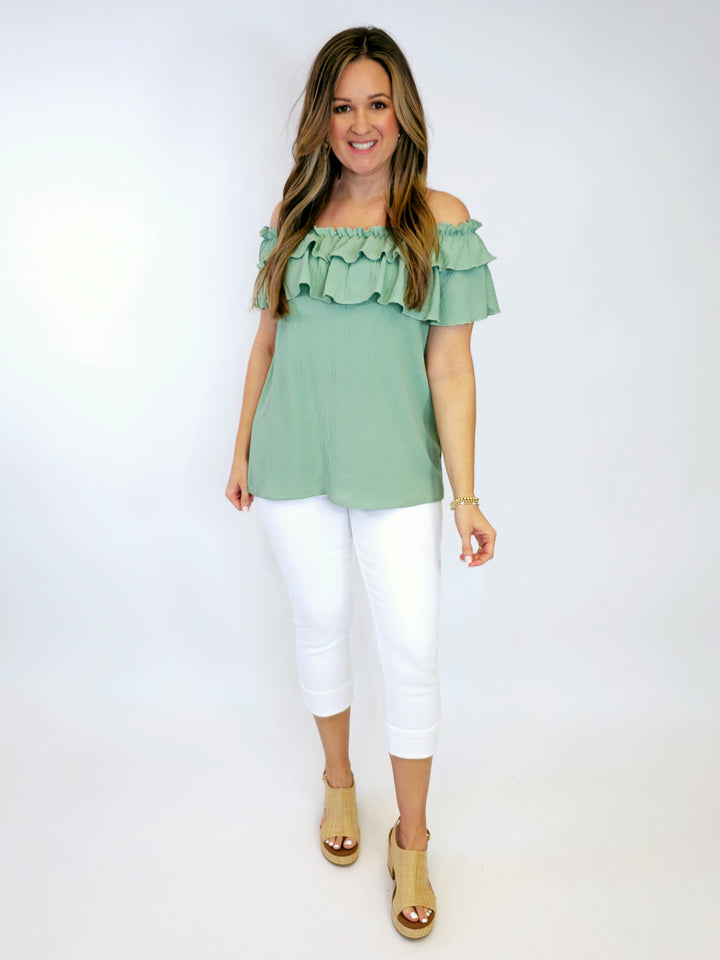 DOUBLE RUFFLE NECK BLOUSE - SAGE