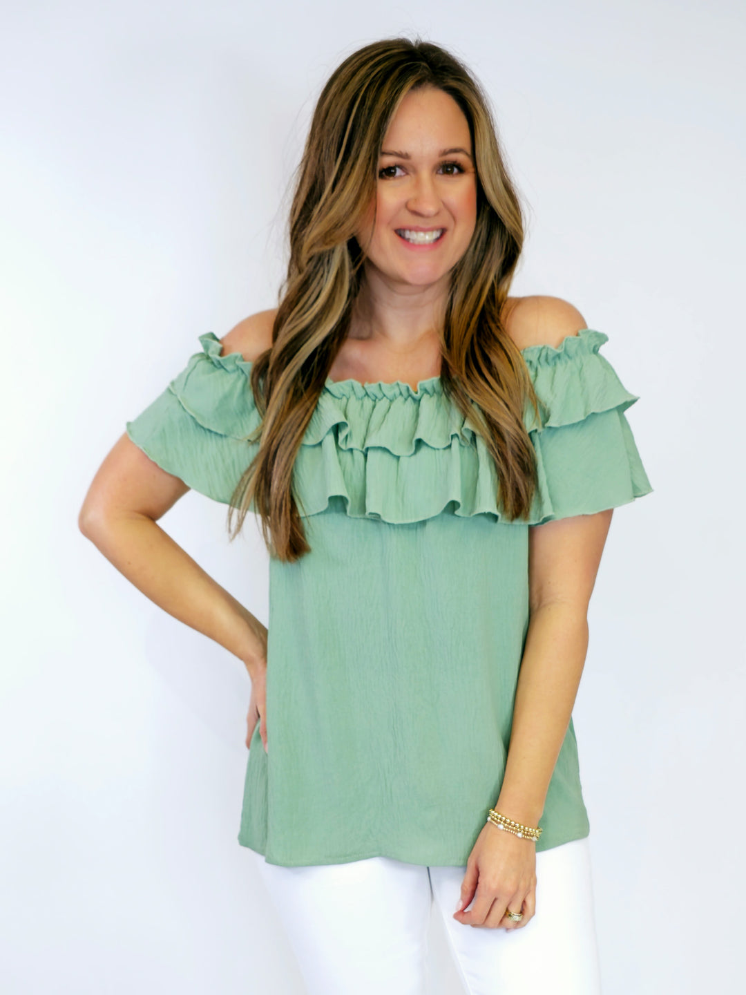 DOUBLE RUFFLE NECK BLOUSE - SAGE