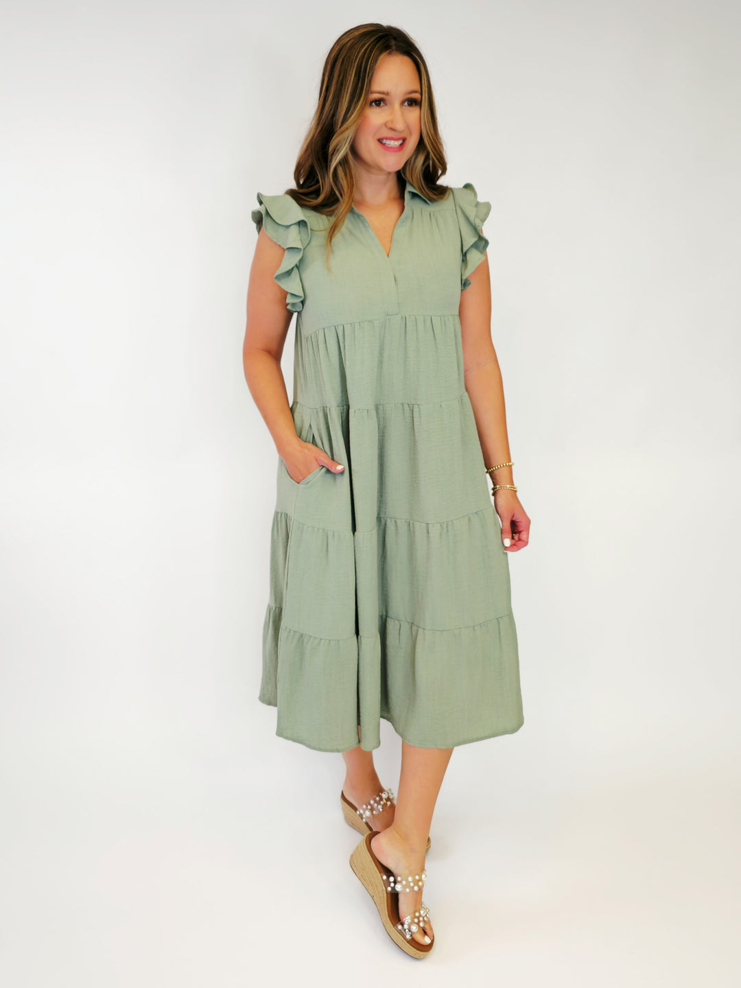 TIERED MIDI DRESS W/RUFFLE SLEEVES - SAGE