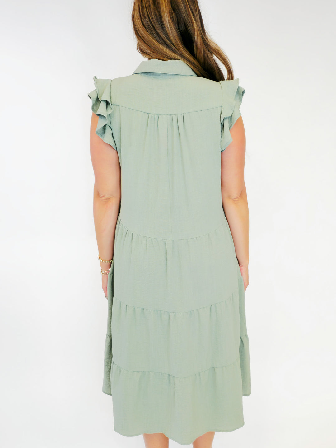 TIERED MIDI DRESS W/RUFFLE SLEEVES - SAGE