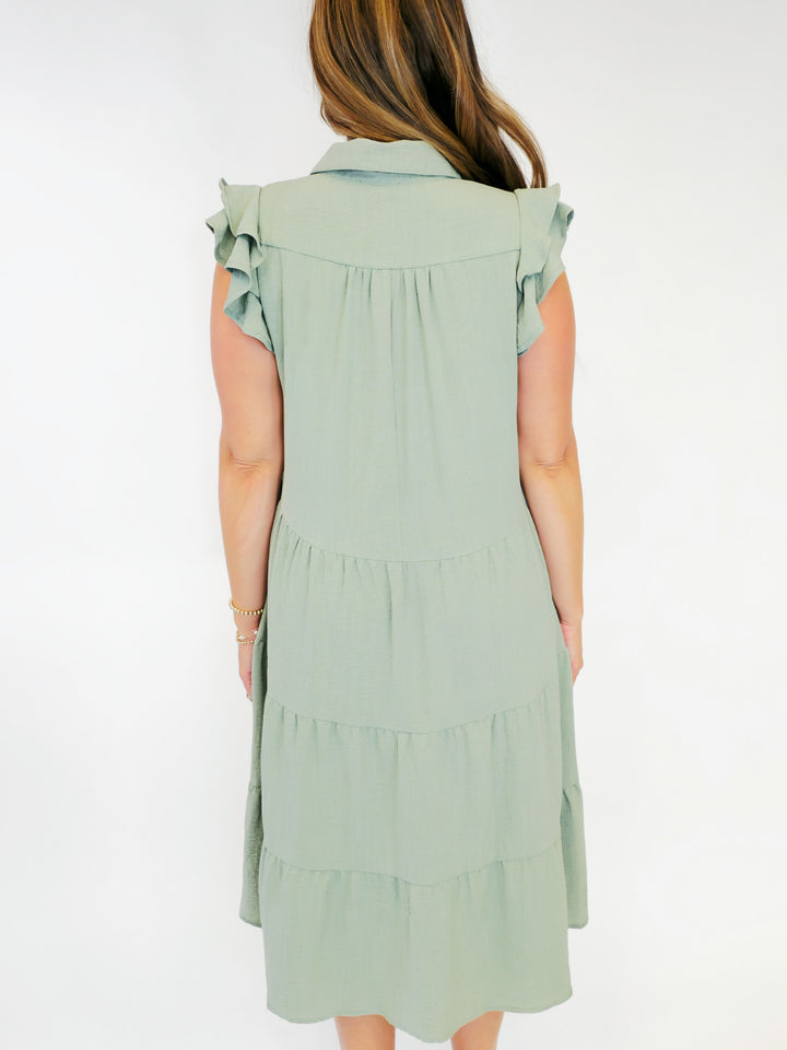 TIERED MIDI DRESS W/RUFFLE SLEEVES - SAGE