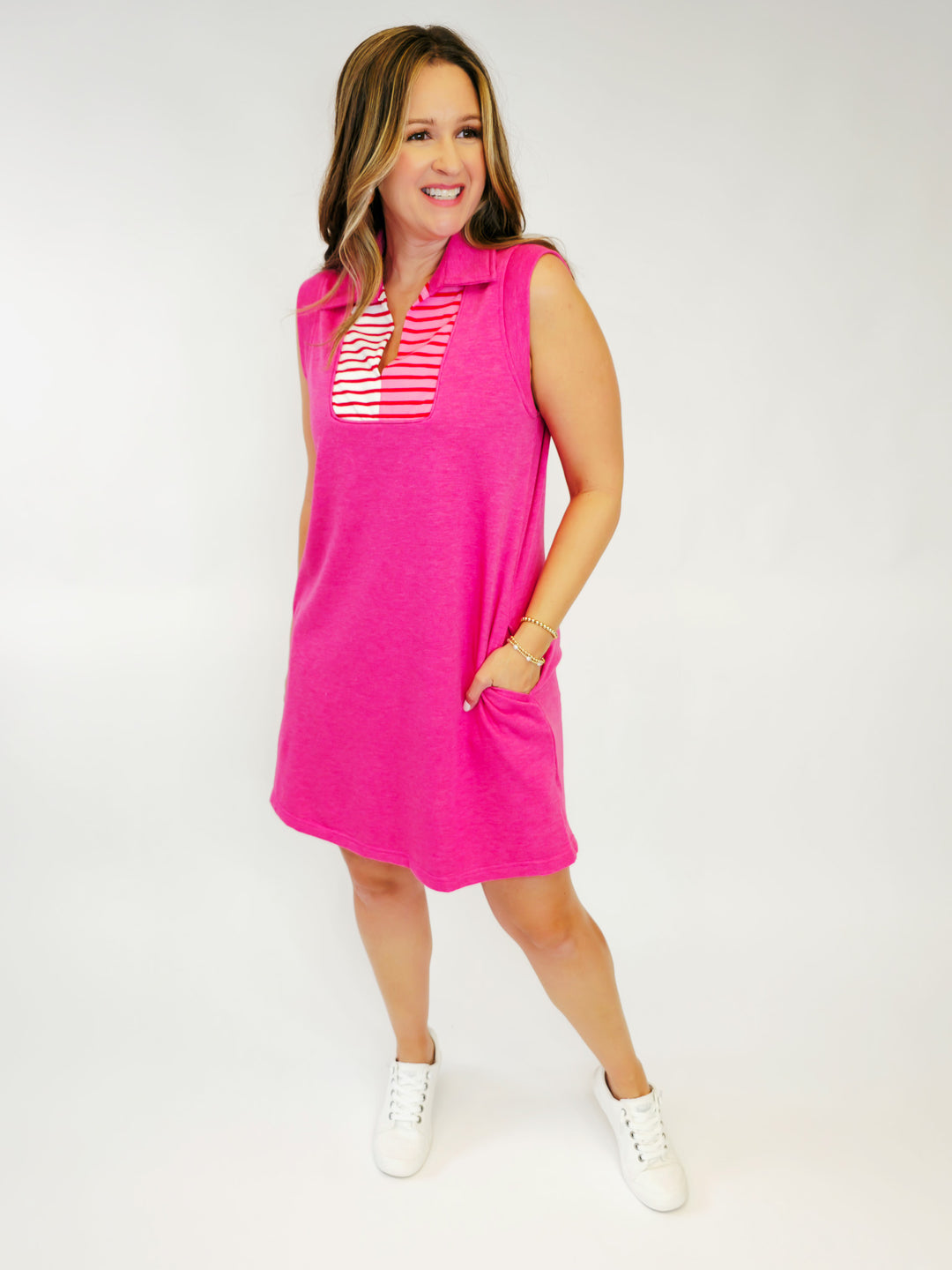 COLLARED KNIT STRIPED COLOR BLOCK DRESS - RED