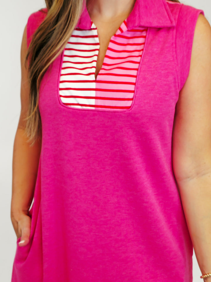 COLLARED KNIT STRIPED COLOR BLOCK DRESS - RED