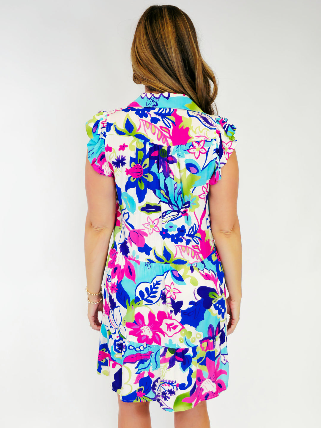 FLORAL PRINTED TIERED V-NECK SHORT DRESS - BLUE