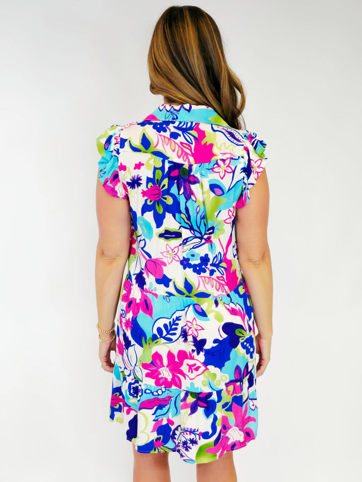 FLORAL PRINTED TIERED V-NECK SHORT DRESS - BLUE