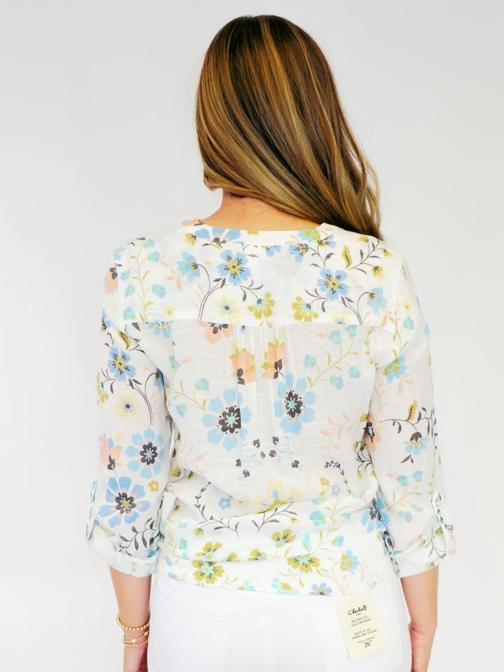 TIE FRONT FLORAL BLOUSE - COCONUT DAHLIA