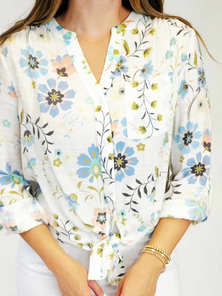 TIE FRONT FLORAL BLOUSE - COCONUT DAHLIA