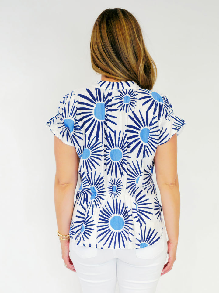 SUNBURST PRINTED TOP W/SMOCKED SLEEVES - NAVY BLUE