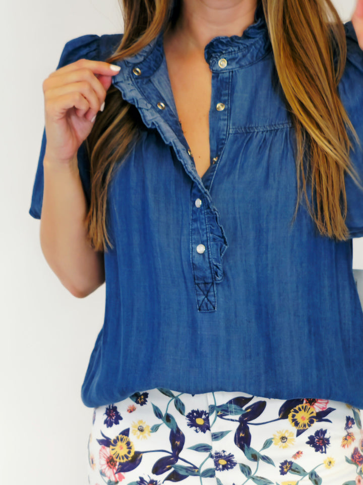 WASHED CHAMBRAY BUTTON DOWN WOVEN TOP - DARK DENIM
