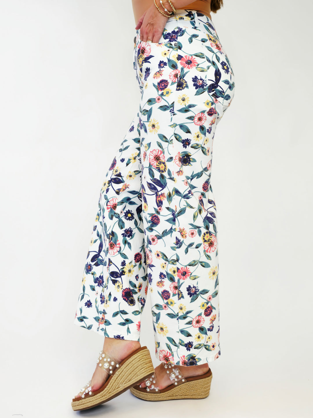 WASHED FLORAL PRINT TWILL PANTS - WHITE