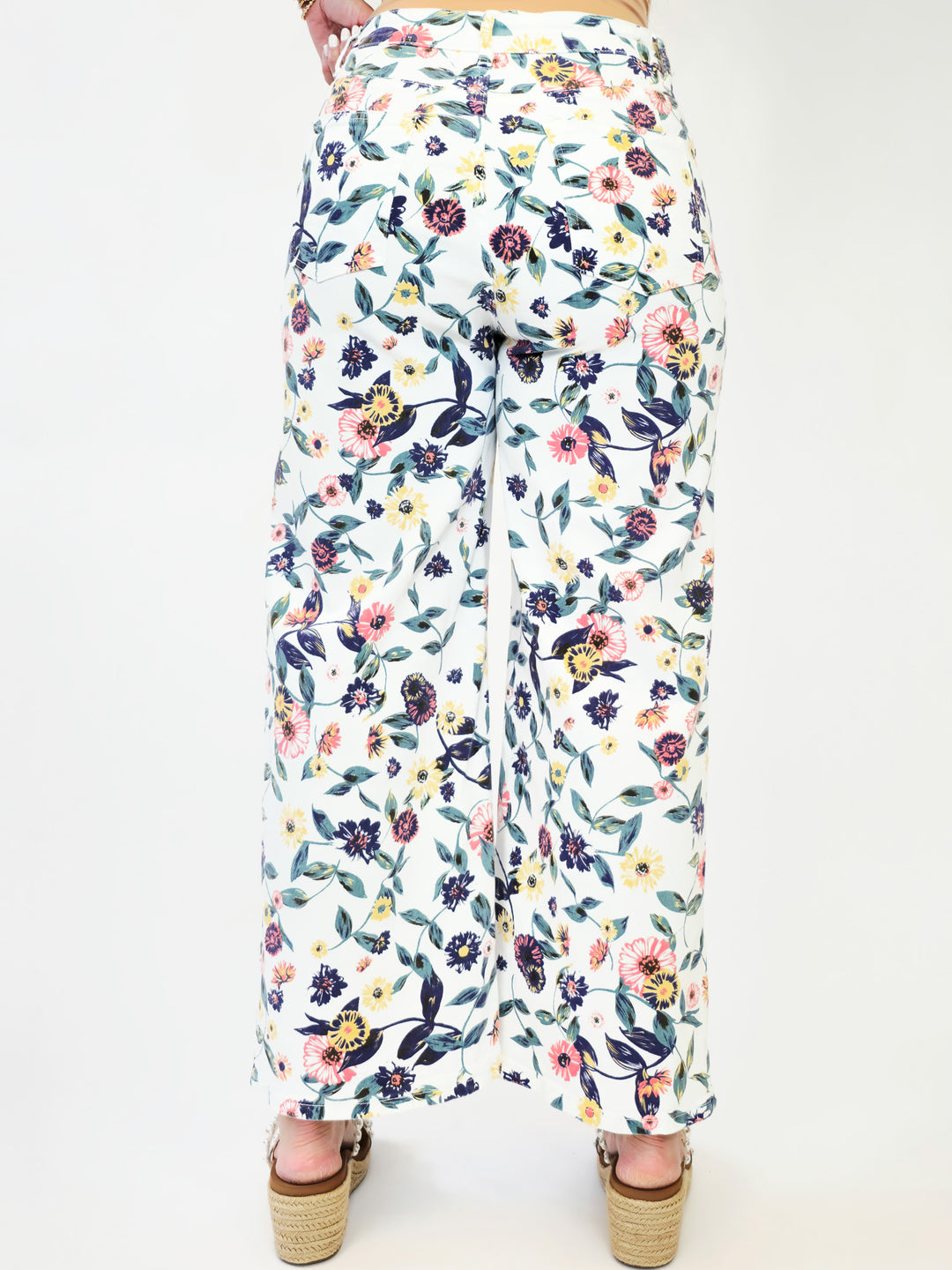 WASHED FLORAL PRINT TWILL PANTS - WHITE