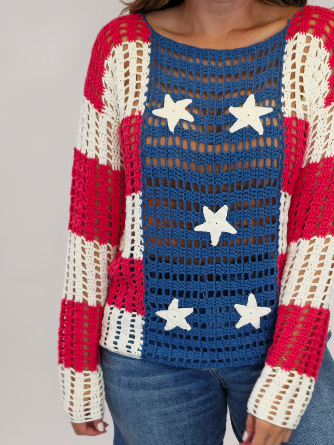 STAR PATCH OPEN KNIT AMERICANA SWEATER - R/W/B