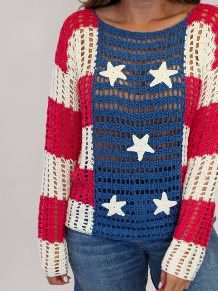 STAR PATCH OPEN KNIT AMERICANA SWEATER - R/W/B