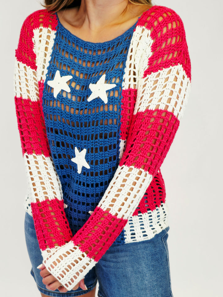 STAR PATCH OPEN KNIT AMERICANA SWEATER - R/W/B