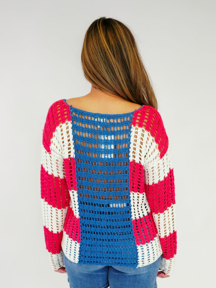 STAR PATCH OPEN KNIT AMERICANA SWEATER - R/W/B