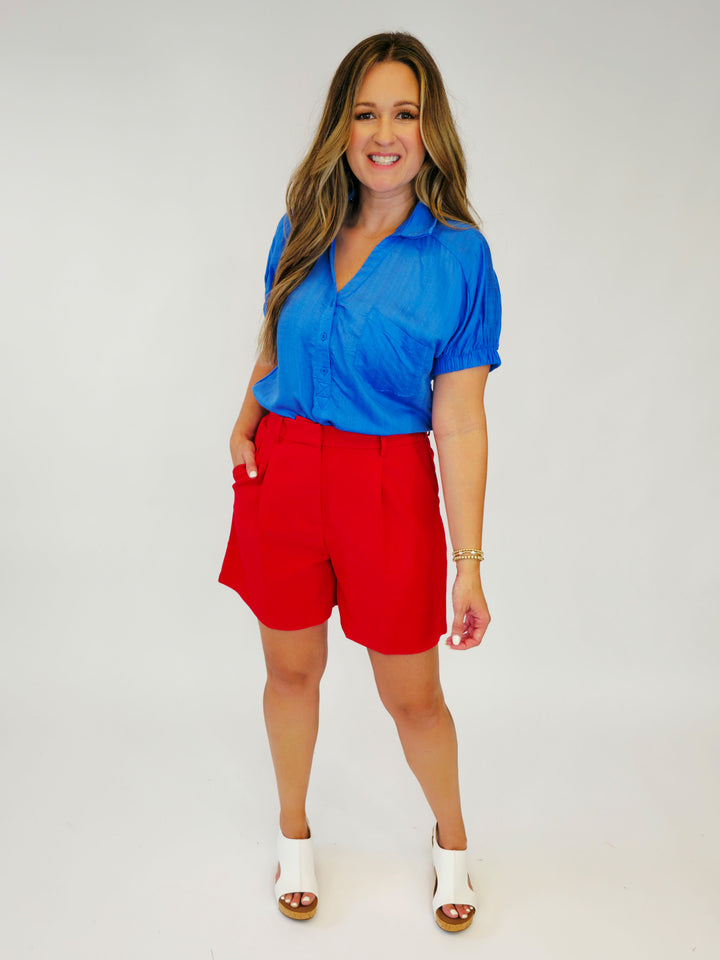 ELASTIC BANDED SHORT SLEEVE COLLARED SHIRT - BLUE