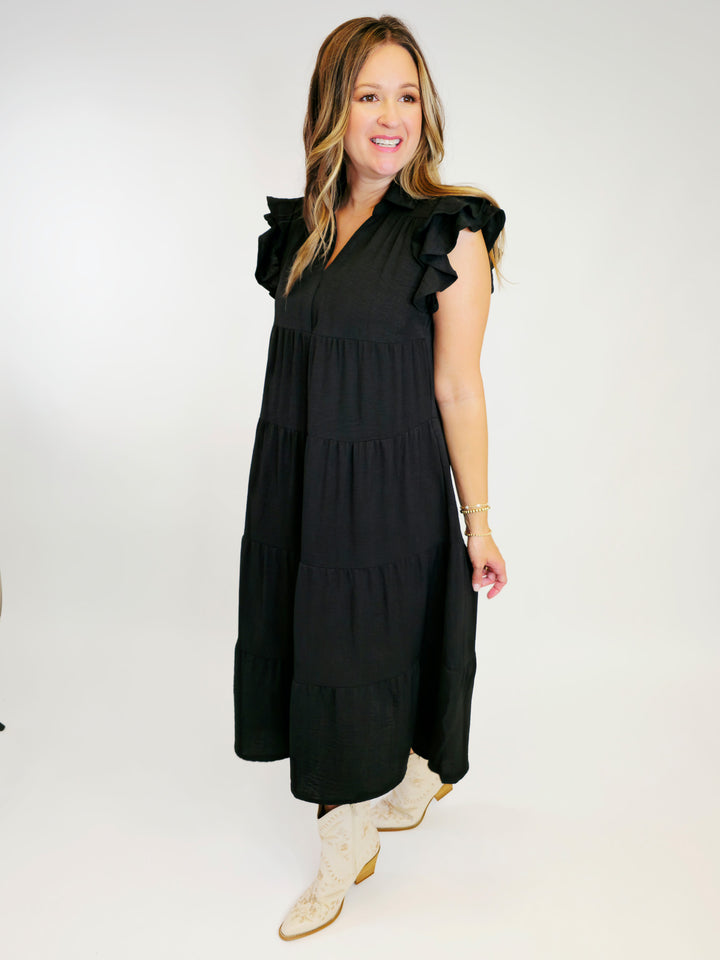 TIERED MIDI DRESS W/RUFFLE SLEEVES - BLACK