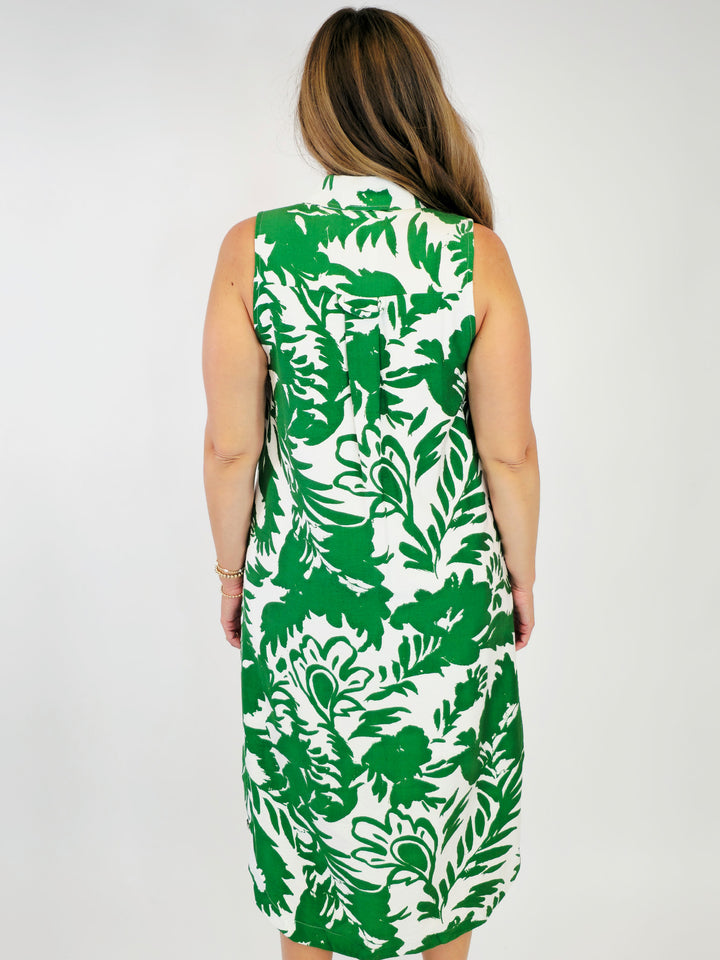 SLEEVELESS TROPICAL PRINT COLLARED MIDI DRESS - GREEN