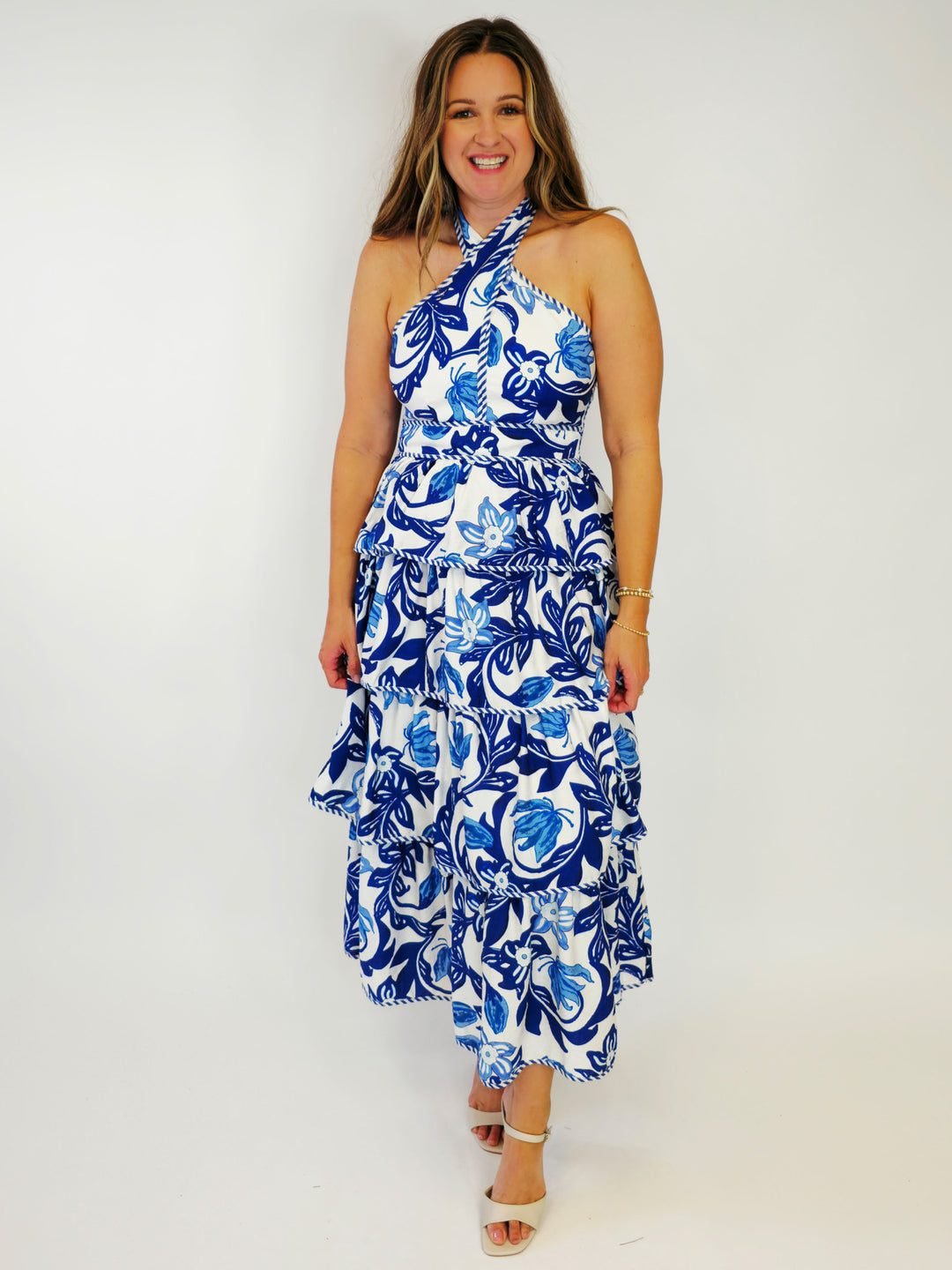 TIE HALTER MIDI DRESS - BLUE