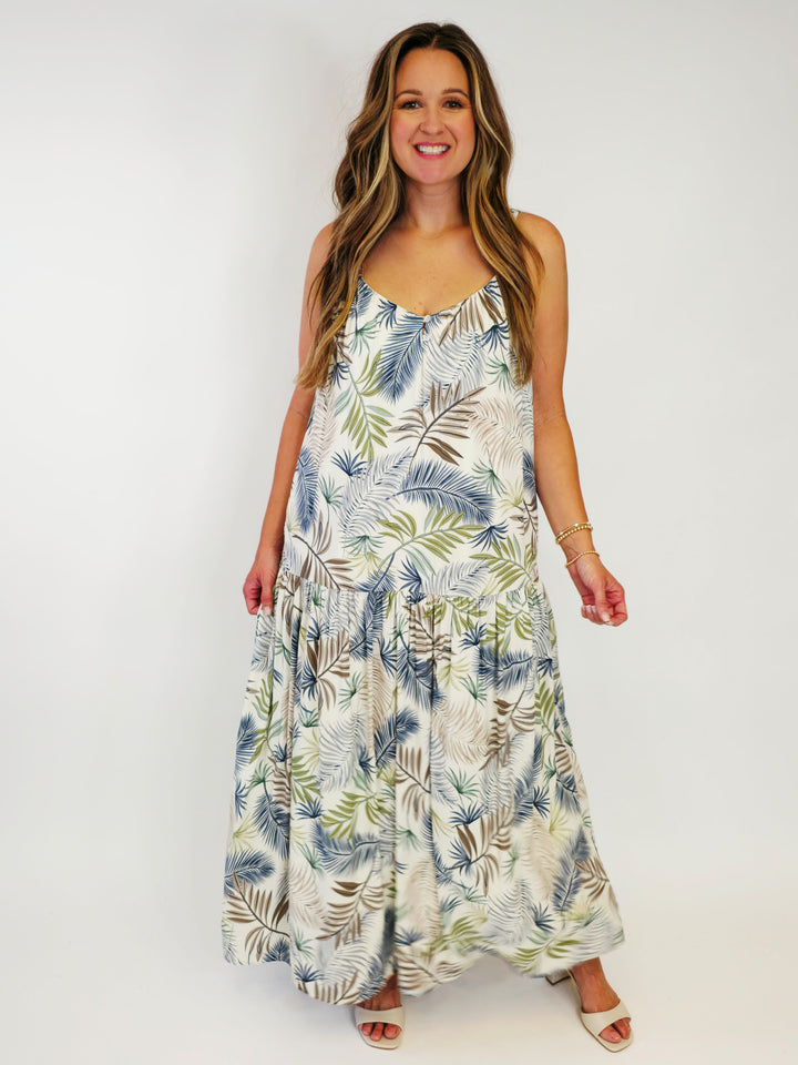 TIERED STRAPPY SLEEVELESS MAXI DRESS - BEIGE/NAVY