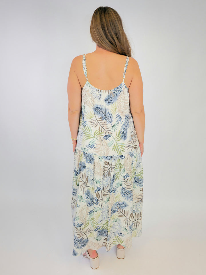 TIERED STRAPPY SLEEVELESS MAXI DRESS - BEIGE/NAVY