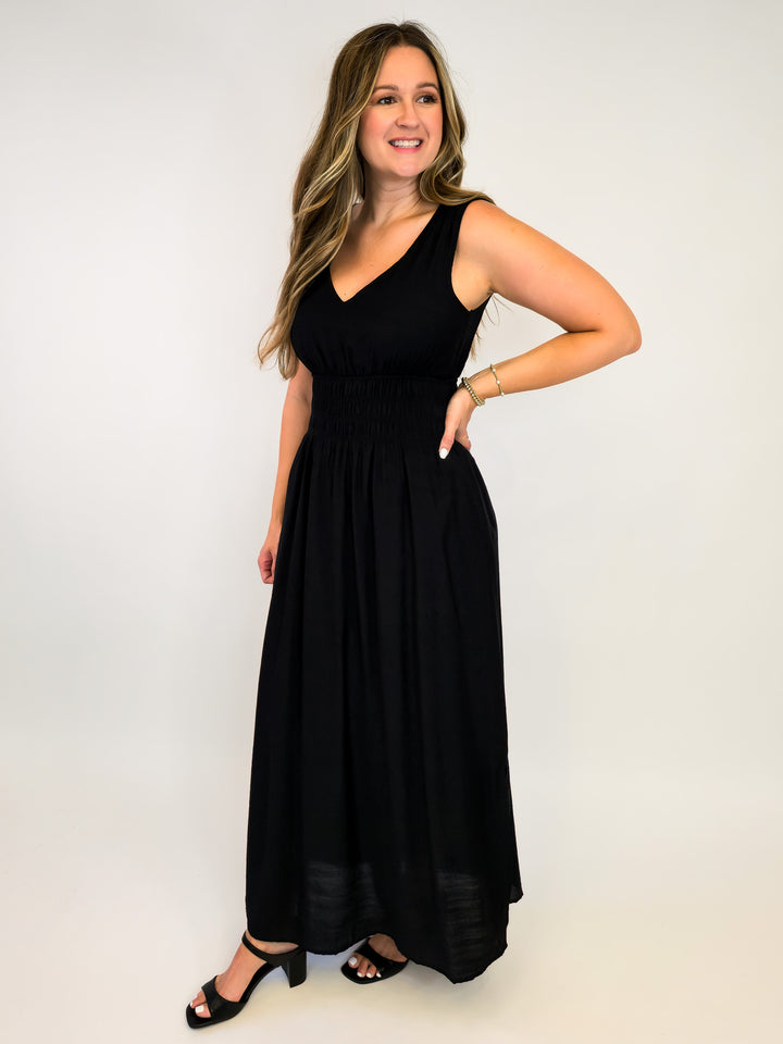 SLEEVELESS SOLID MAXI DRESS W/SMOCKED WAIST - BLACK