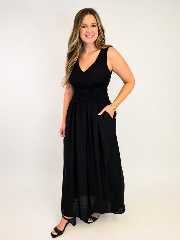 SLEEVELESS SOLID MAXI DRESS W/SMOCKED WAIST - BLACK