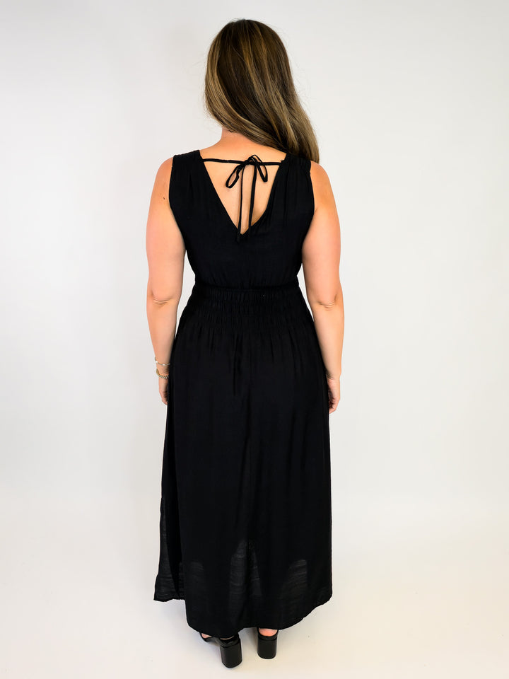 SLEEVELESS SOLID MAXI DRESS W/SMOCKED WAIST - BLACK