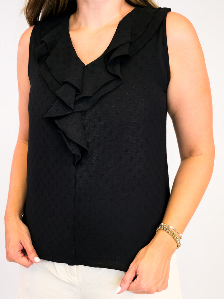 SOLID SLEEVELESS TOP WITH RUFFLE DETAIL - BLACK