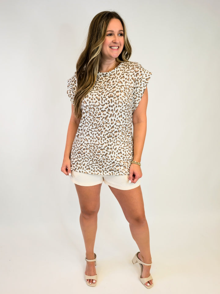 ROUND NECK DOLMAN SLEEVE ANIMAL PRINT TOP - IVORY/MOCHA