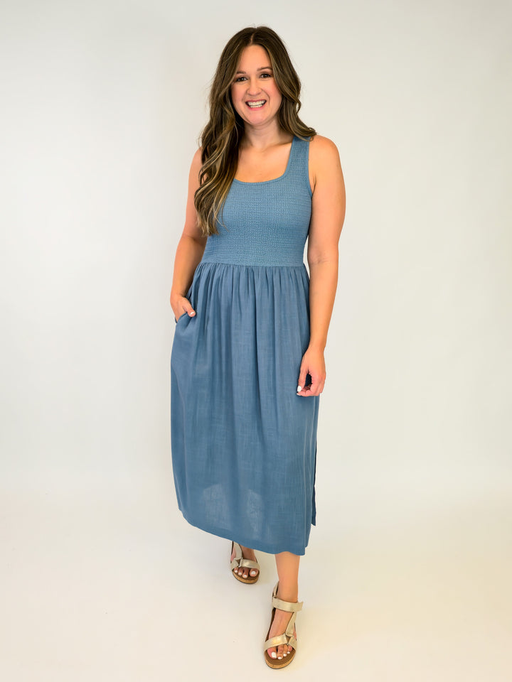 SLEEVELESS TEXTURED KNIT TWOFER MIDI DRESS - BLUE
