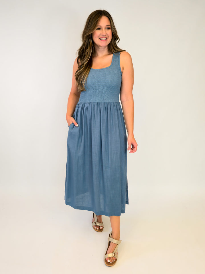 SLEEVELESS TEXTURED KNIT TWOFER MIDI DRESS - BLUE
