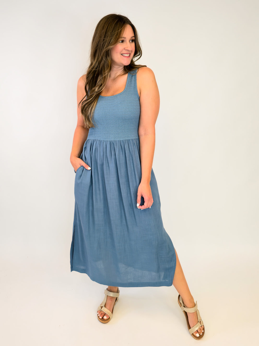 SLEEVELESS TEXTURED KNIT TWOFER MIDI DRESS - BLUE