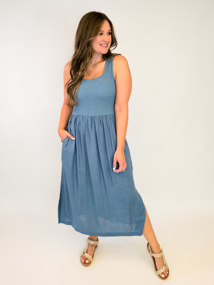 SLEEVELESS TEXTURED KNIT TWOFER MIDI DRESS - BLUE