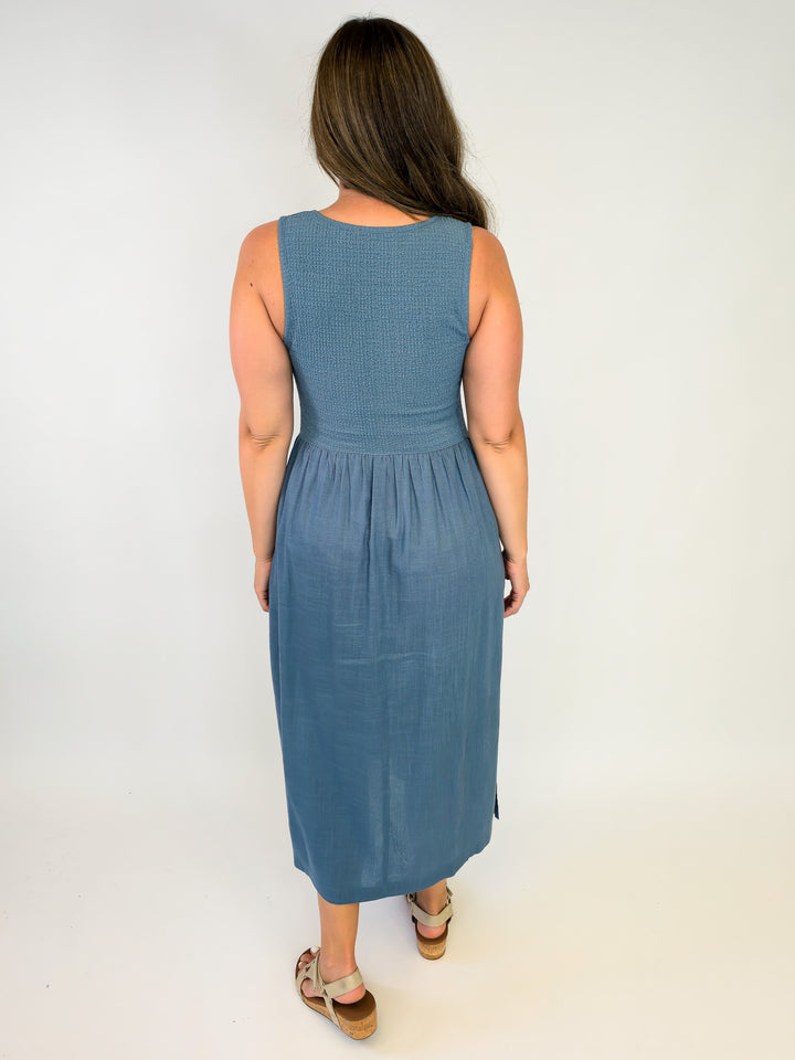 SLEEVELESS TEXTURED KNIT TWOFER MIDI DRESS - BLUE