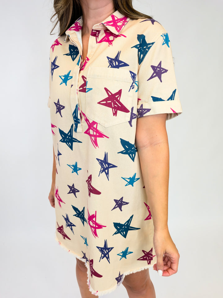 WASHED DENIM FRAYED HEMLINE SHORT DRESS - STAR