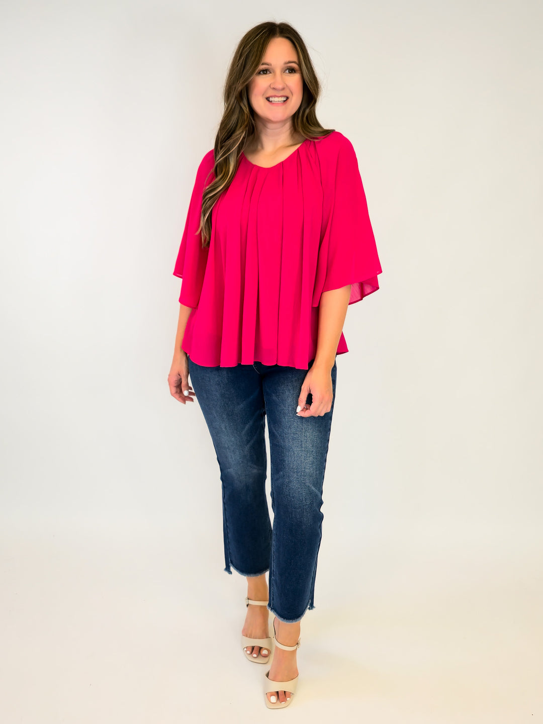 3/4 RUFFLE SLEEVE PLEATED BOXY TOP - MAGENTA