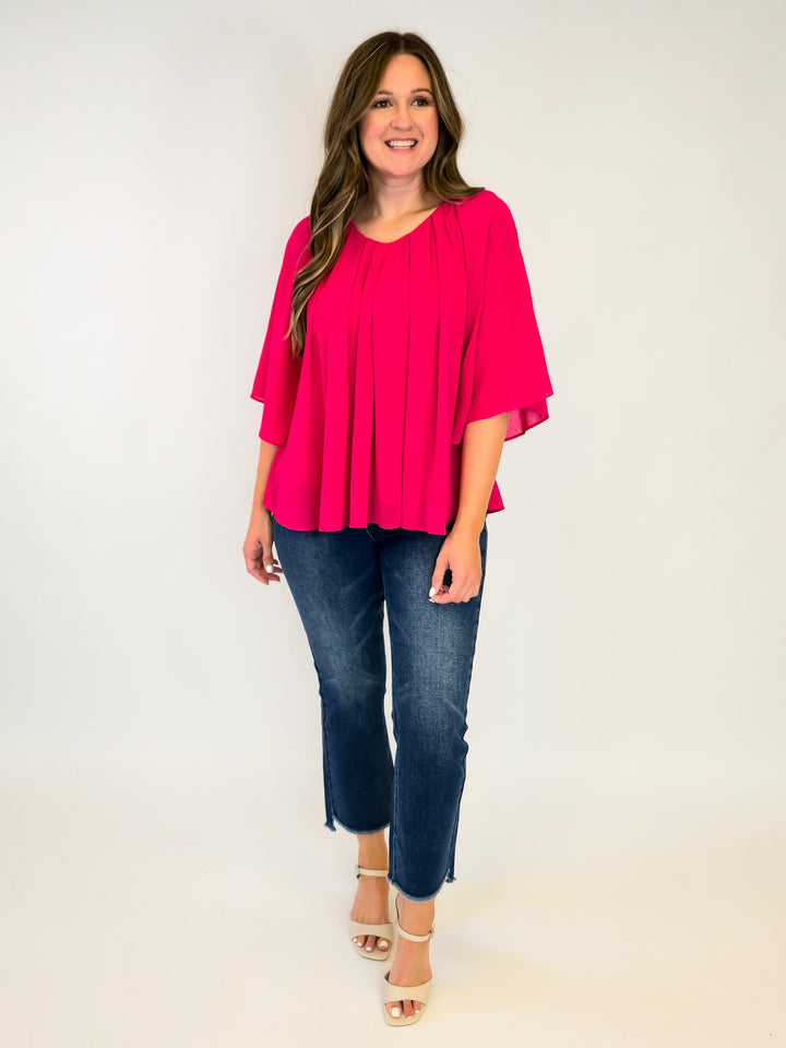 3/4 RUFFLE SLEEVE PLEATED BOXY TOP - MAGENTA
