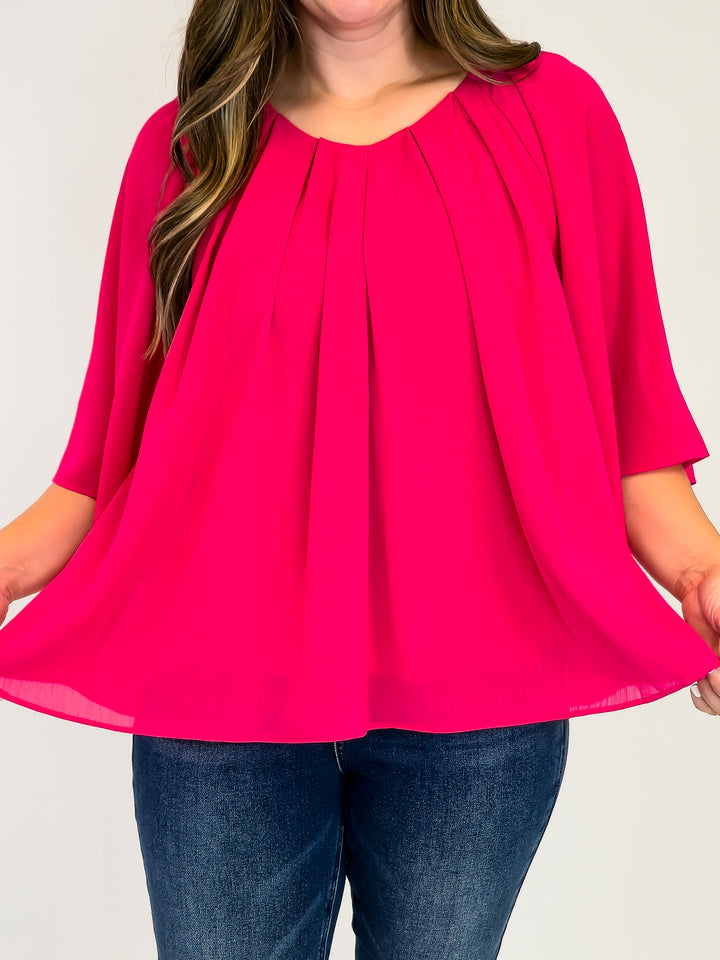 3/4 RUFFLE SLEEVE PLEATED BOXY TOP - MAGENTA
