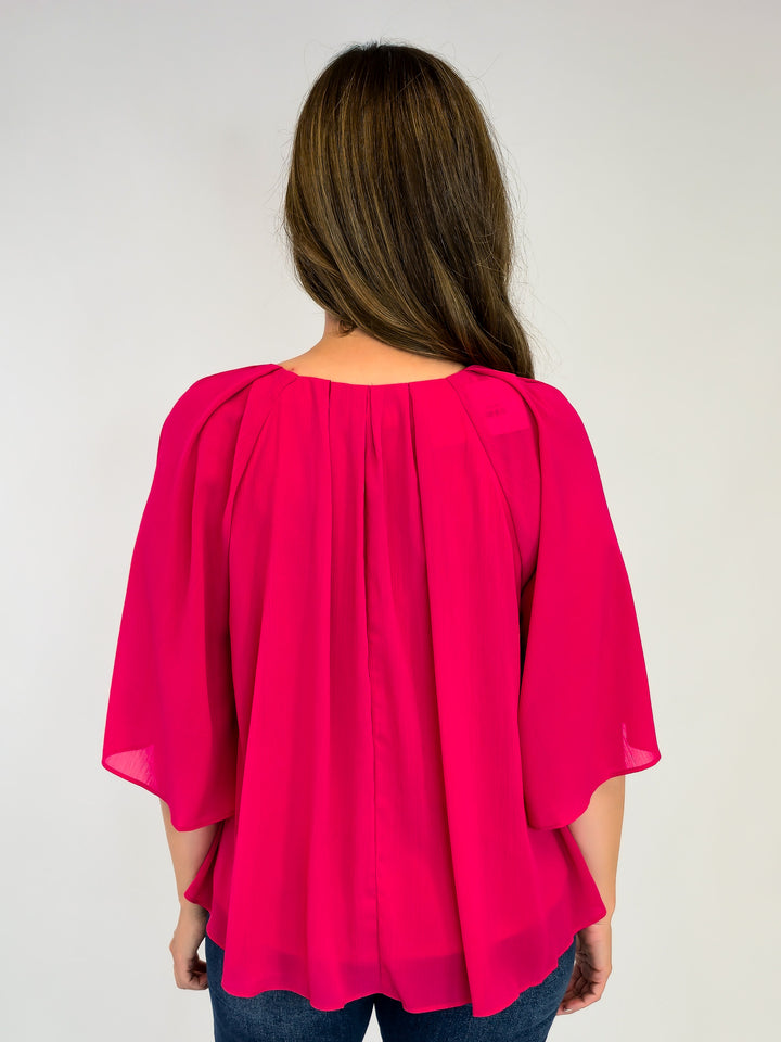 3/4 RUFFLE SLEEVE PLEATED BOXY TOP - MAGENTA