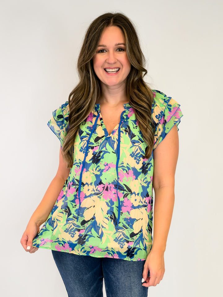 METALLIC LUREX FLORAL PRINT TOP - BLUE MIX