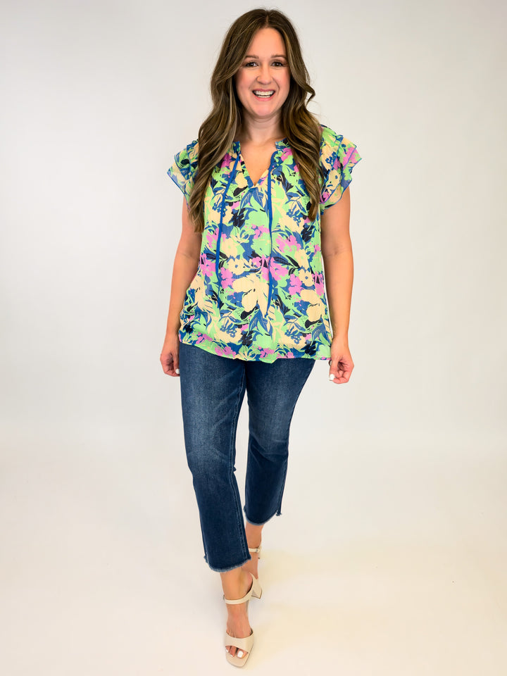 METALLIC LUREX FLORAL PRINT TOP - BLUE MIX