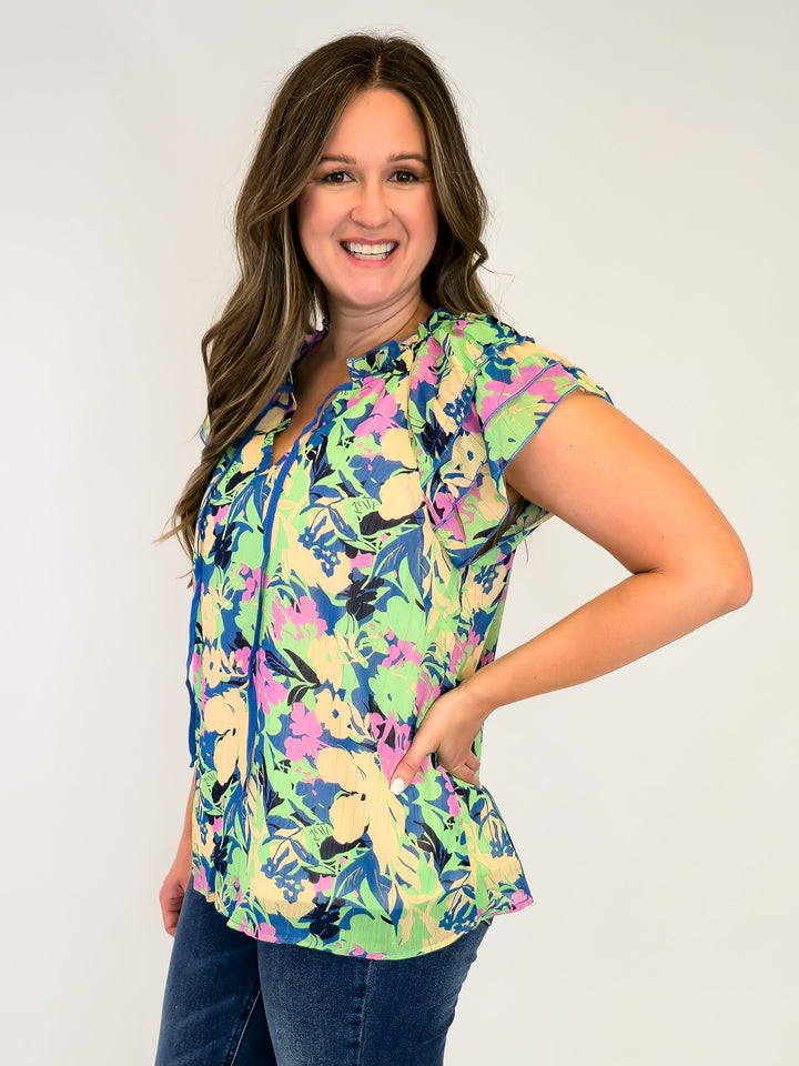 METALLIC LUREX FLORAL PRINT TOP - BLUE MIX