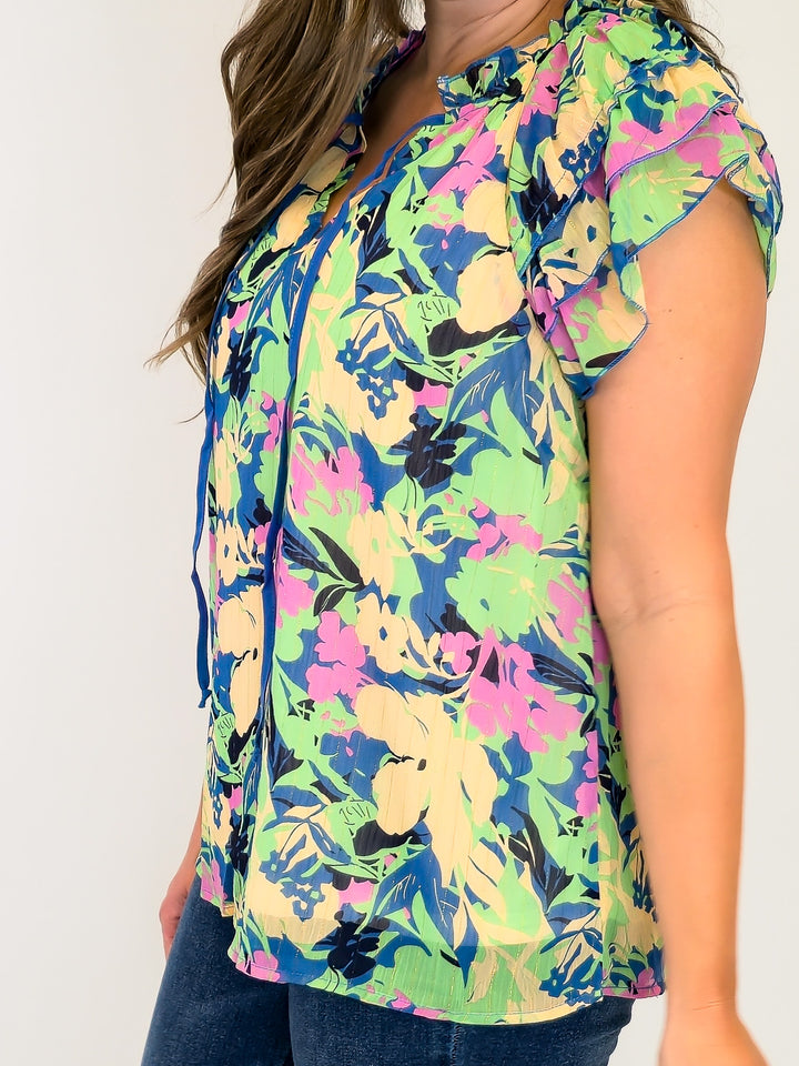 METALLIC LUREX FLORAL PRINT TOP - BLUE MIX
