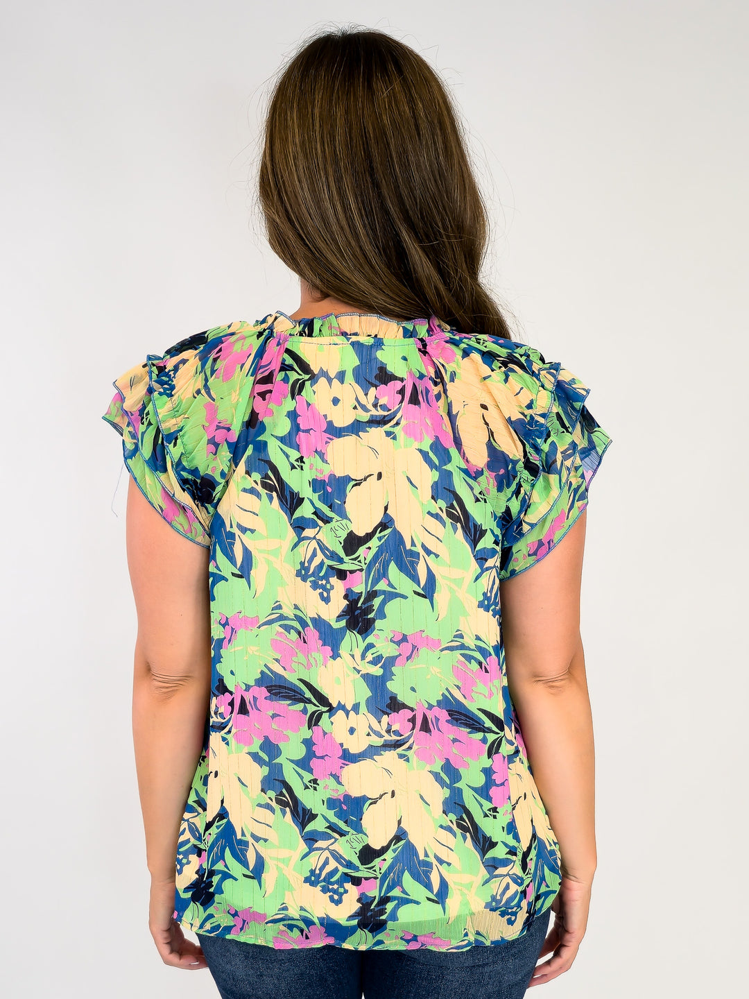 METALLIC LUREX FLORAL PRINT TOP - BLUE MIX