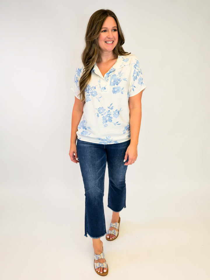 PRINTED COLLARED SHORT SLEEVE BLOUSE - LIGHT BLUE FLORAL