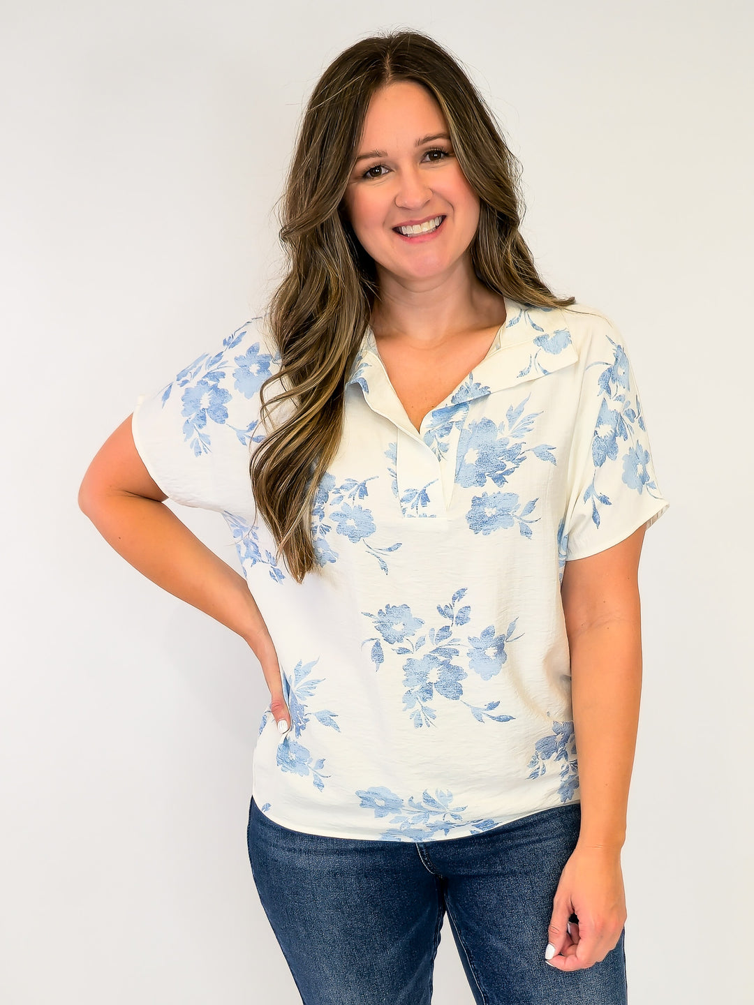PRINTED COLLARED SHORT SLEEVE BLOUSE - LIGHT BLUE FLORAL