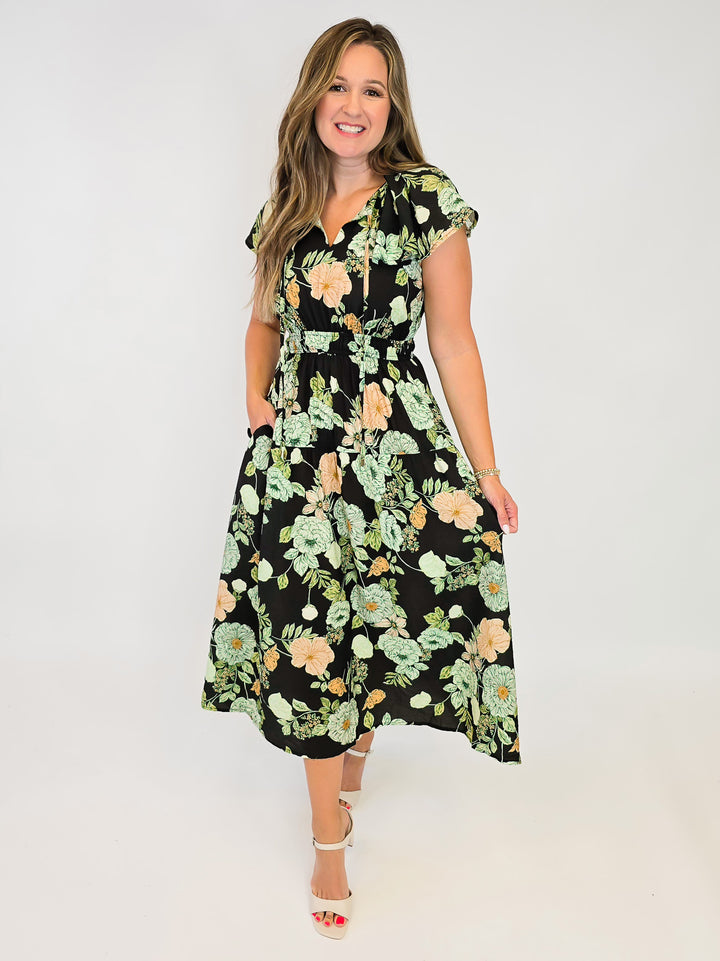 FLORAL PRINTED MIDI DRESS W/FLUTTER SLEEVES - BLACK/SAGE