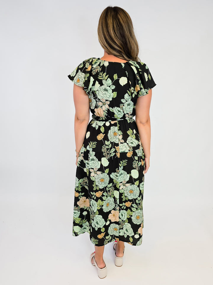 FLORAL PRINTED MIDI DRESS W/FLUTTER SLEEVES - BLACK/SAGE